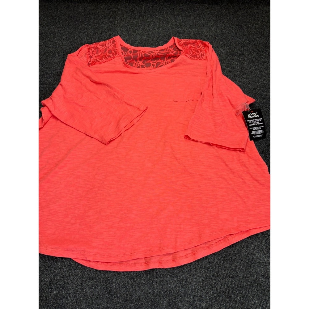 Roamans Womens 3X Plus Size Coral Pink Lace Shoulder Slub Knit Pocket T-Shirt